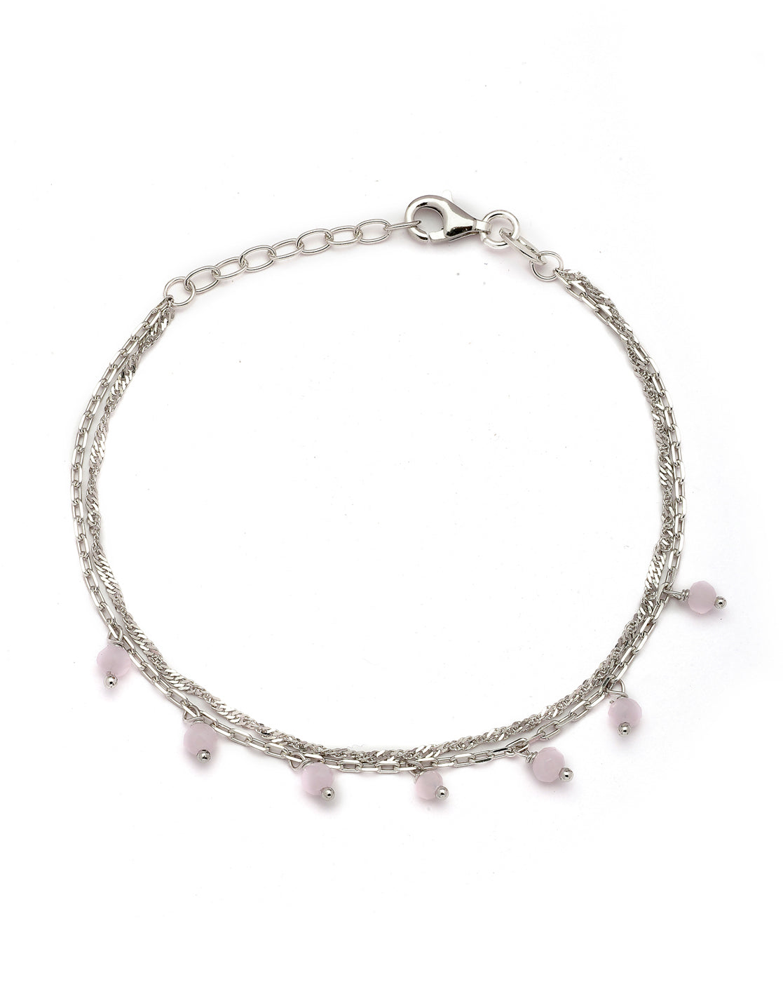 925 Sterling Silver Rhodium Plated Pink Glass Bead Double Chain Bracelet