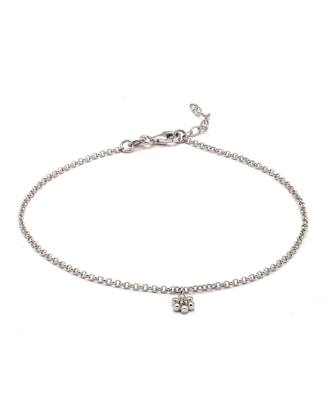 925 Sterling Silver Rhodium Plated CZ Floral Charm Anklet