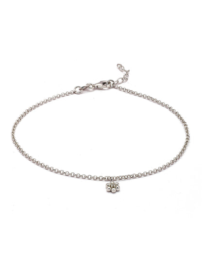 925 Sterling Silver Rhodium Plated CZ Floral Charm Anklet
