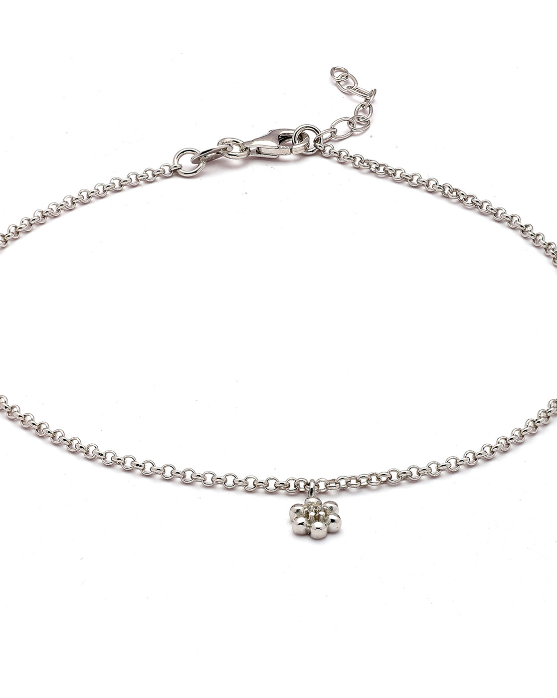 925 Sterling Silver Rhodium Plated CZ Floral Charm Anklet