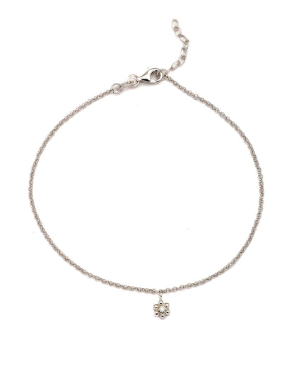 925 Sterling Silver Rhodium Plated CZ Floral Charm Anklet