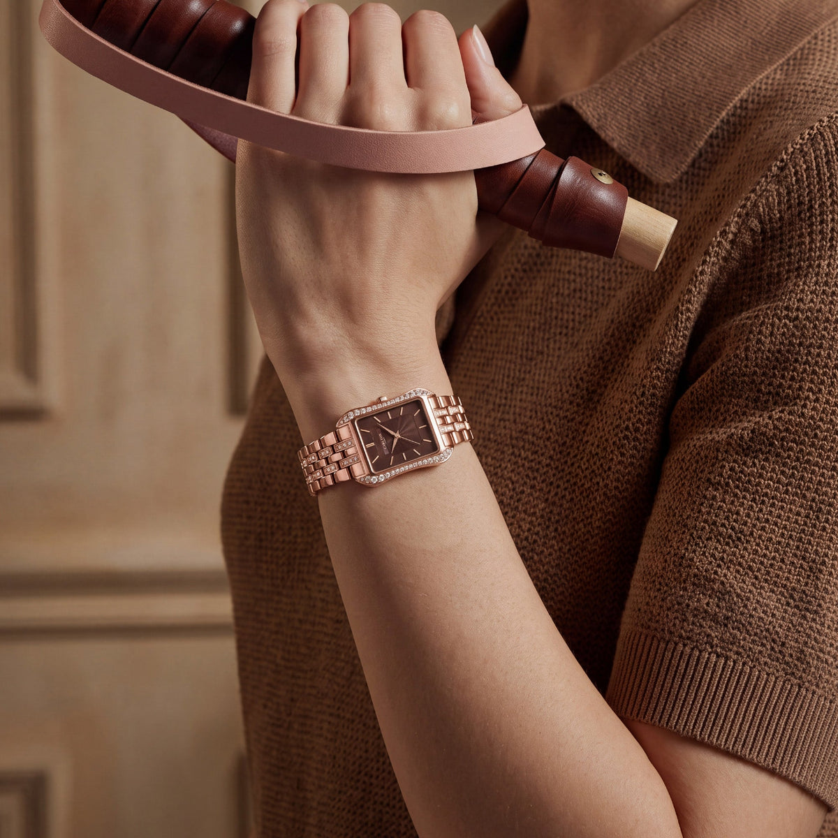 Carlton London Vivienne Women’s Watch - Brown Rectangle Dial, Rose Gold Stainless Steel Strap - CLVVRBRN