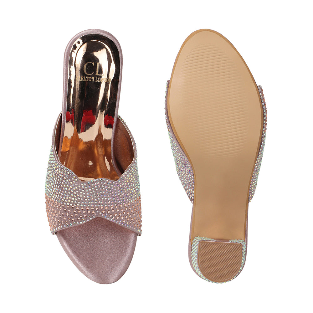 Women Lridescent Gem Embellished Block Heel Sandals