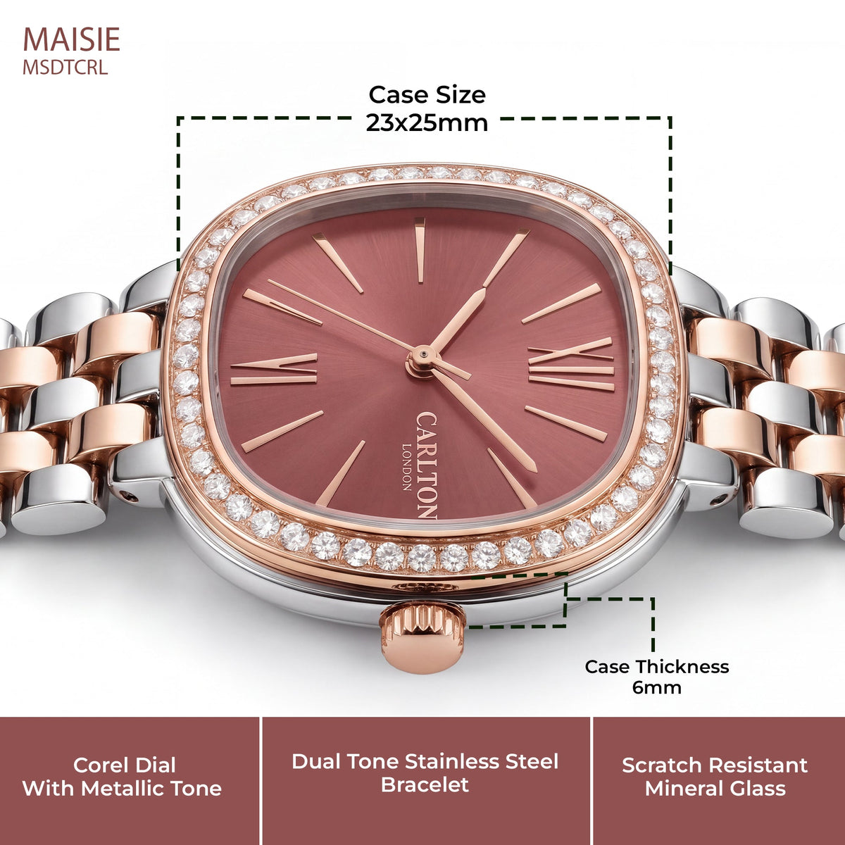 Carlton London Maisie Women’s Watch - Dark Coral Rectangle Dial, Dual Tone Stainless Steel Strap - MSDTCRL