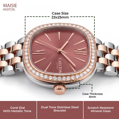 Carlton London Maisie Women’s Watch - Dark Coral Rectangle Dial, Dual Tone Stainless Steel Strap - MSDTCRL
