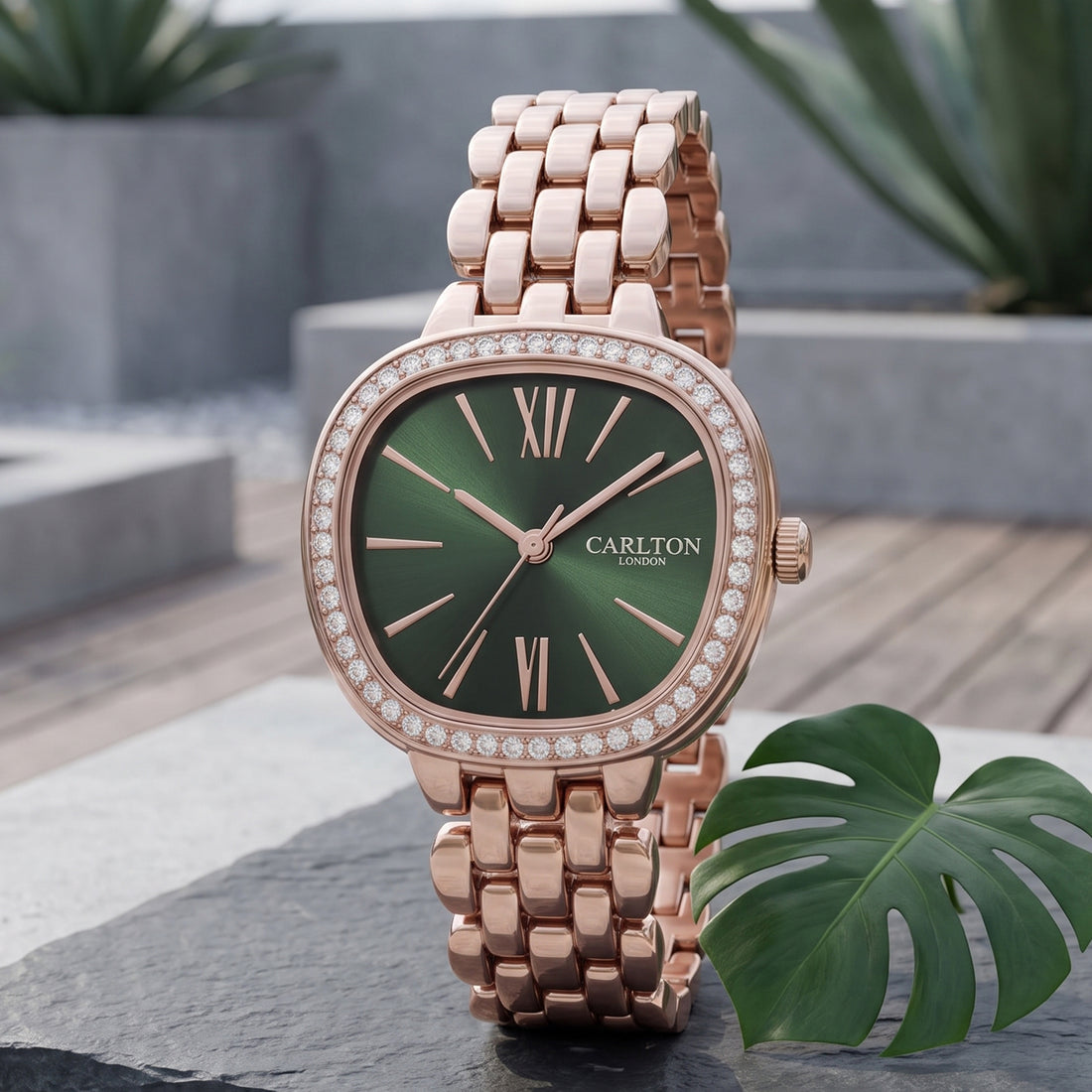 Carlton London Maisie Women’s Watch - Green Rectangle Dial, Rose Gold Stainless Steel Strap - MSRSGRN