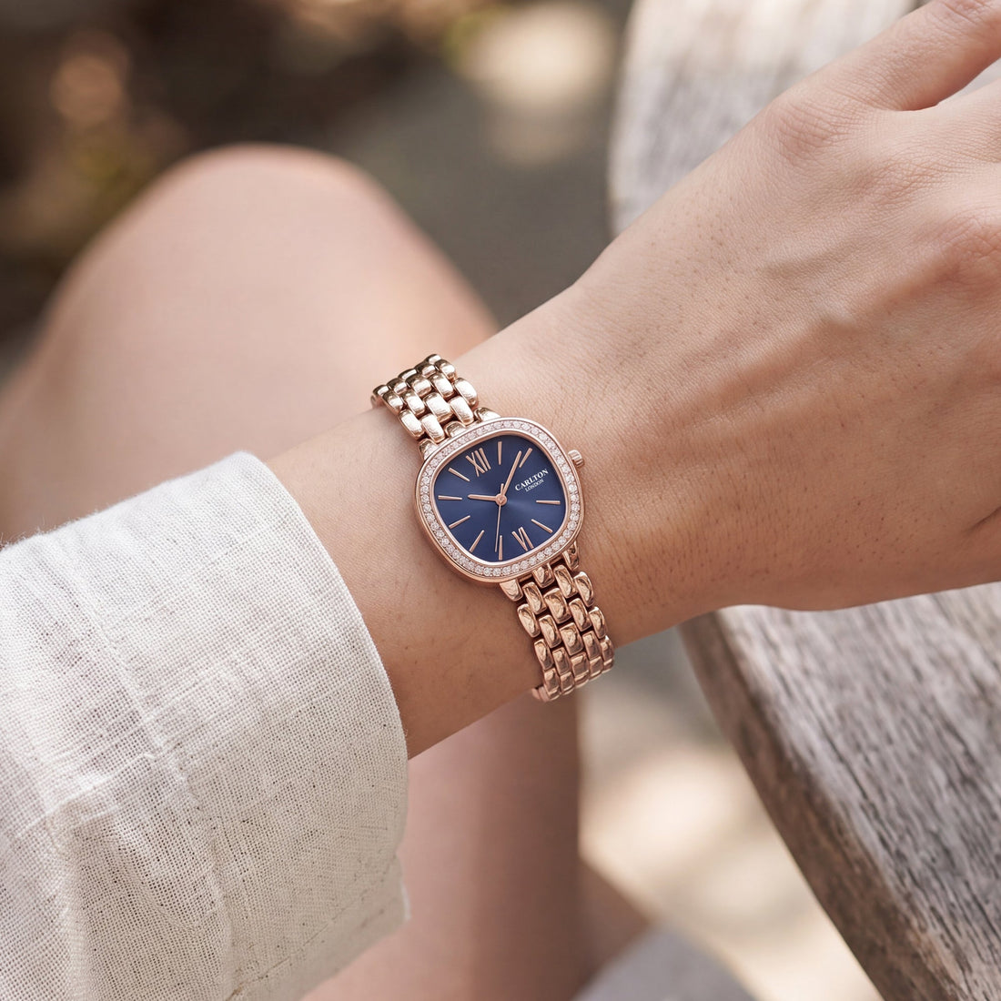 Carlton London Maisie Women’s Watch - Dark Blue Rectangle Dial, Rose Gold Stainless Steel Strap - MSRGBLU