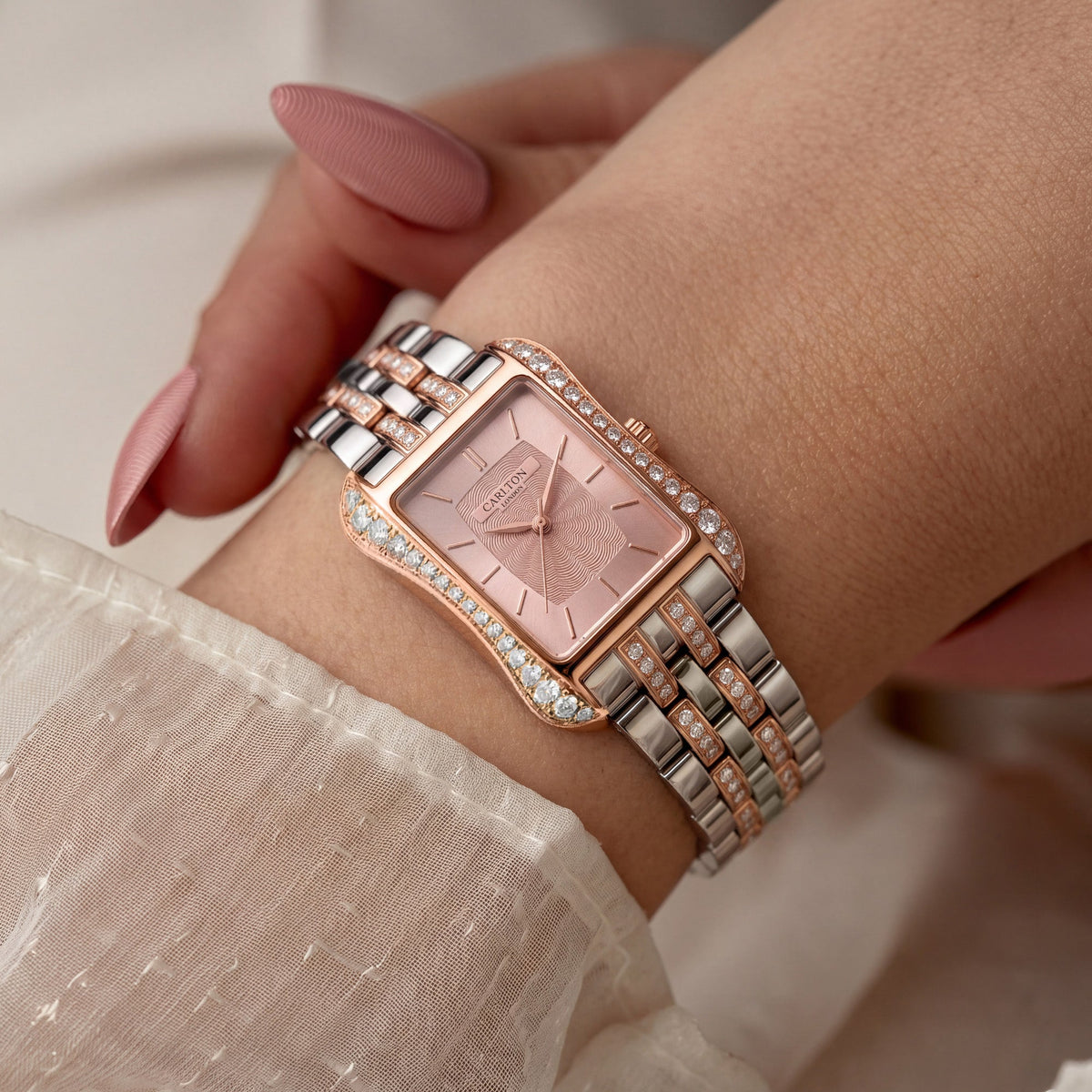 Carlton London Vivienne Women’s Watch - Pink Rectangle Dial, Dual Tone Stainless Steel Strap - CLVVDPNK