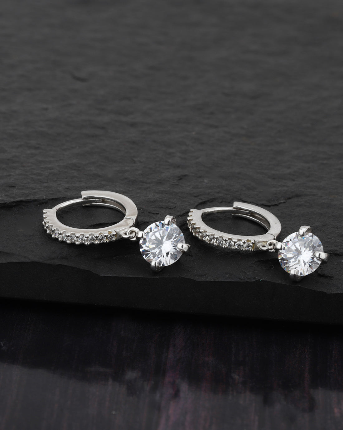 Carlton London Rhodium Plated Hoop Earring With Dangling Cz Stone For Women
