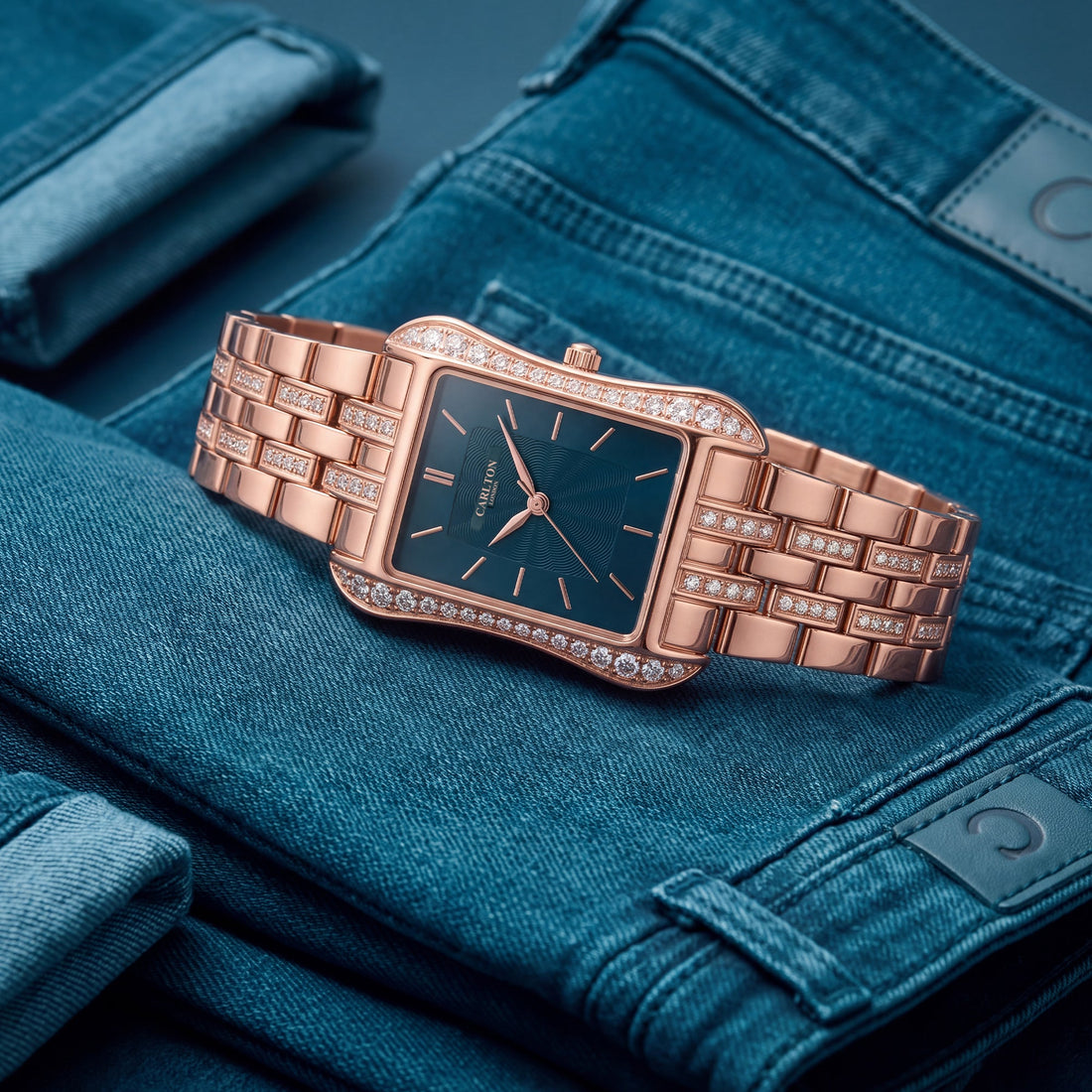 Carlton London Vivienne Women’s Watch - Teal Rectangle Dial, Rose Gold Stainless Steel Strap - CLVVRTEL