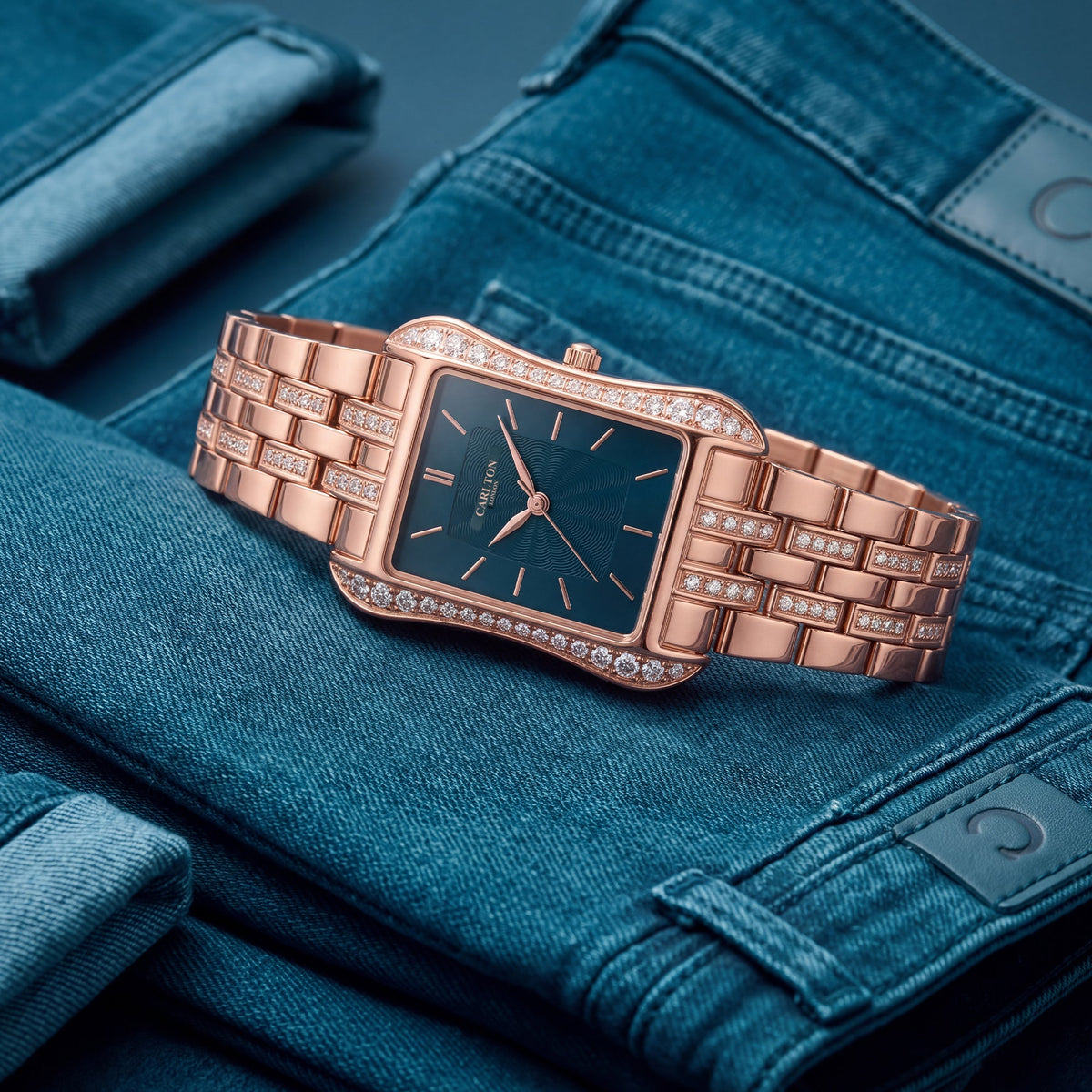 Carlton London Vivienne Women’s Watch - Teal Rectangle Dial, Rose Gold Stainless Steel Strap - CLVVRTEL