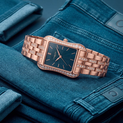 Carlton London Vivienne Women’s Watch - Teal Rectangle Dial, Rose Gold Stainless Steel Strap - CLVVRTEL