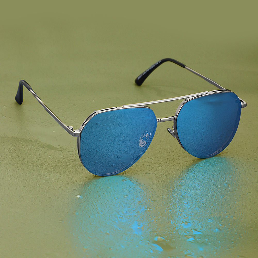 Carlton London Premium Silver &amp; Blue Toned Polarised and UV Protected Lens Aviator Sunglasses For Men