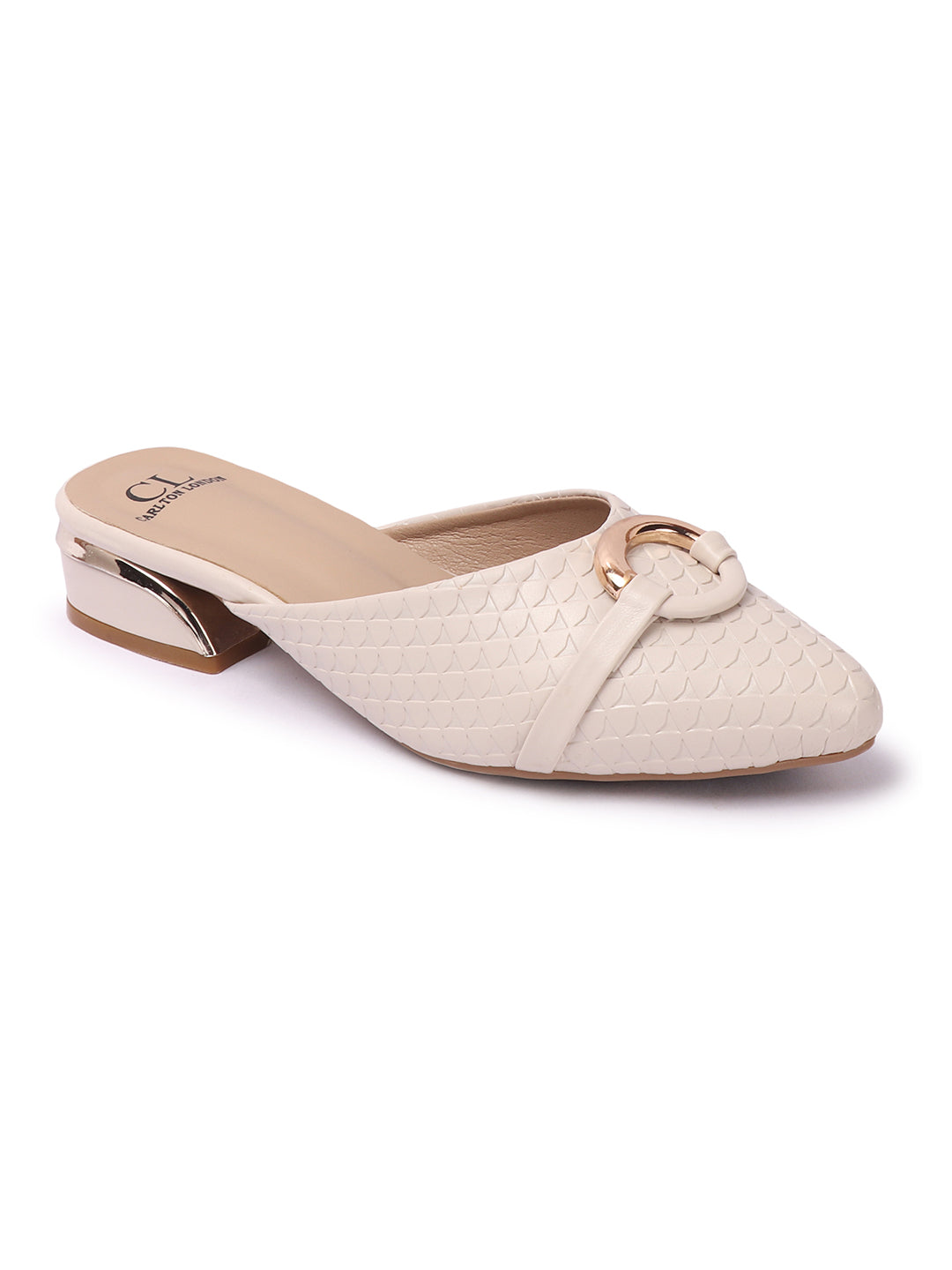 Elegant Textured Mules with Gold Buckle and Block Heel