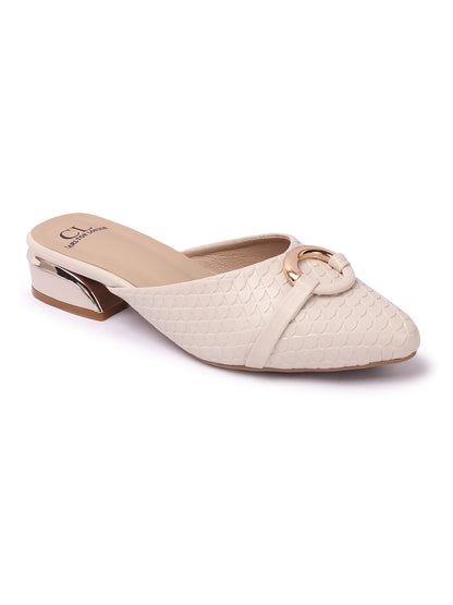 Elegant Textured Mules with Gold Buckle and Block Heel