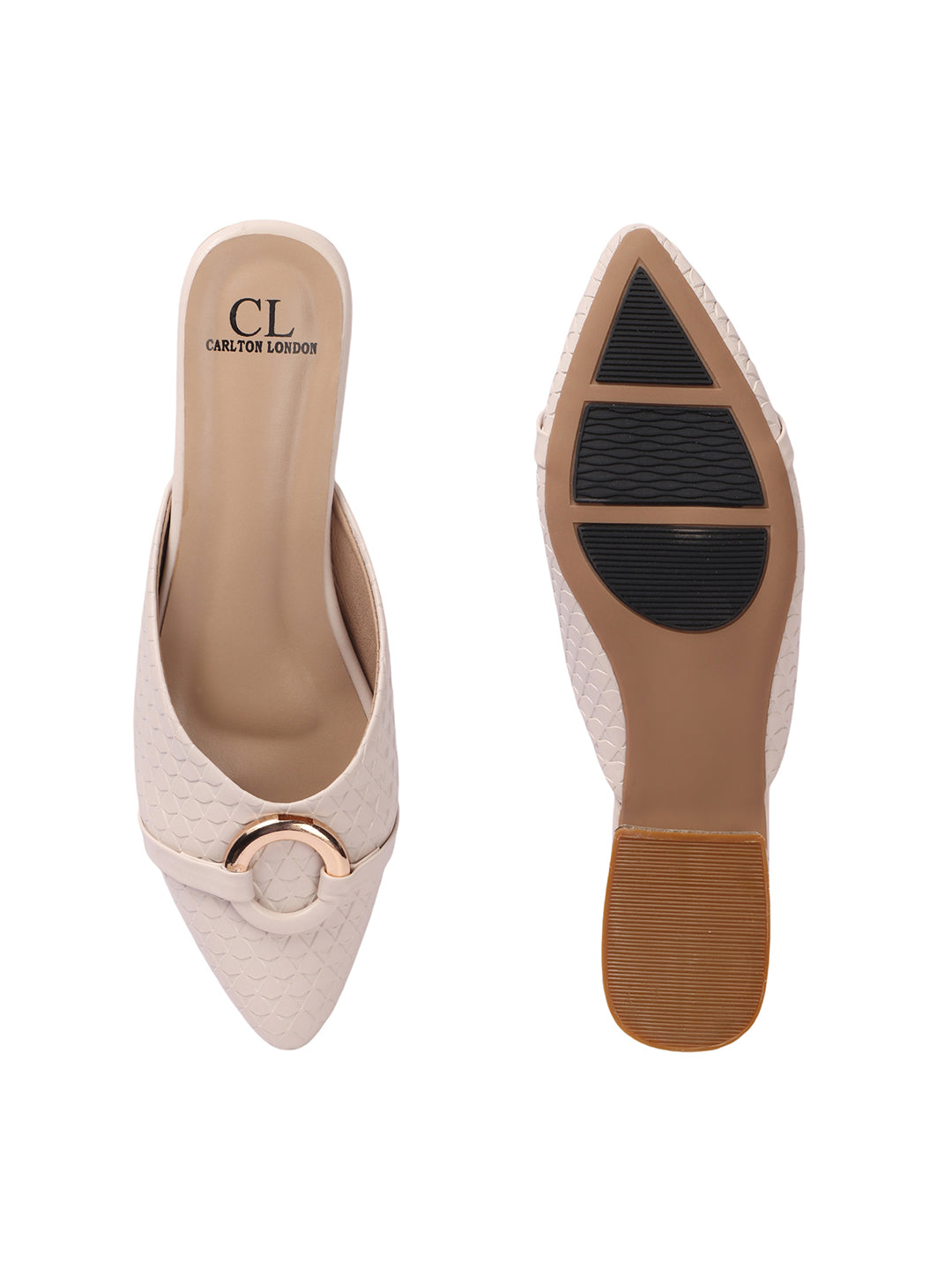 Elegant Textured Mules with Gold Buckle and Block Heel