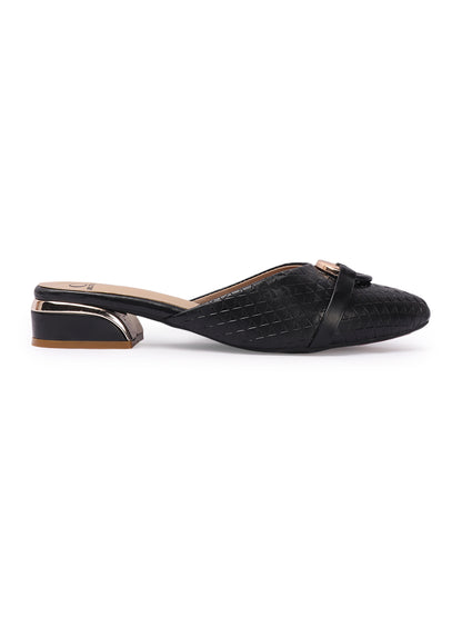 Elegant Textured Mules with Gold Buckle and Block Heel