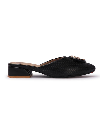 Elegant Textured Mules with Unique Gold Buckle and Block Heel