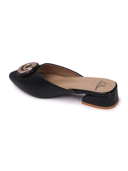 Elegant Textured Mules with Unique Gold Buckle and Block Heel