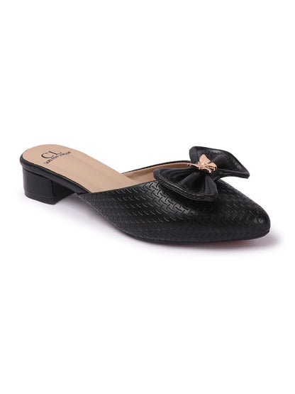 Elegant Textured Mules with Bow and Block Heel