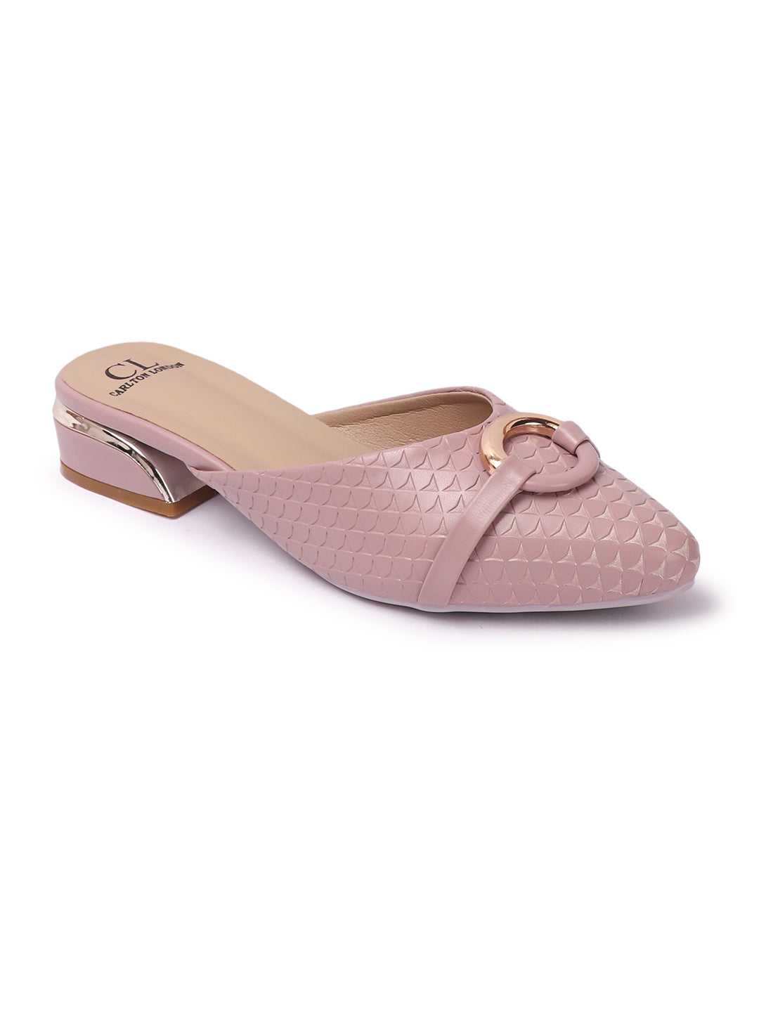 Elegant Textured Mules with Gold Buckle and Block Heel