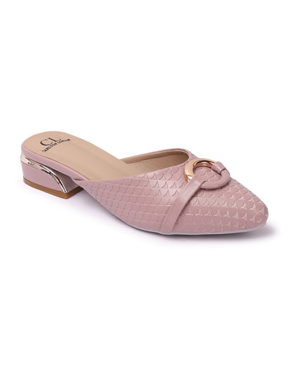 Elegant Textured Mules with Gold Buckle and Block Heel
