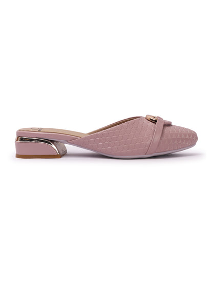 Elegant Textured Mules with Gold Buckle and Block Heel