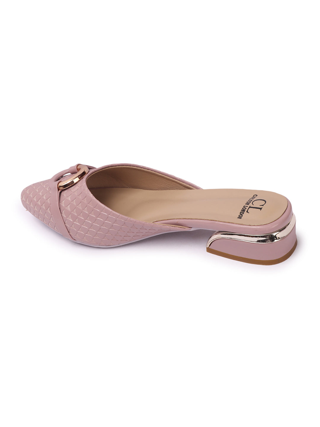 Elegant Textured Mules with Gold Buckle and Block Heel