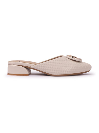 Elegant Textured Mules with Unique Gold Buckle and Block Heel
