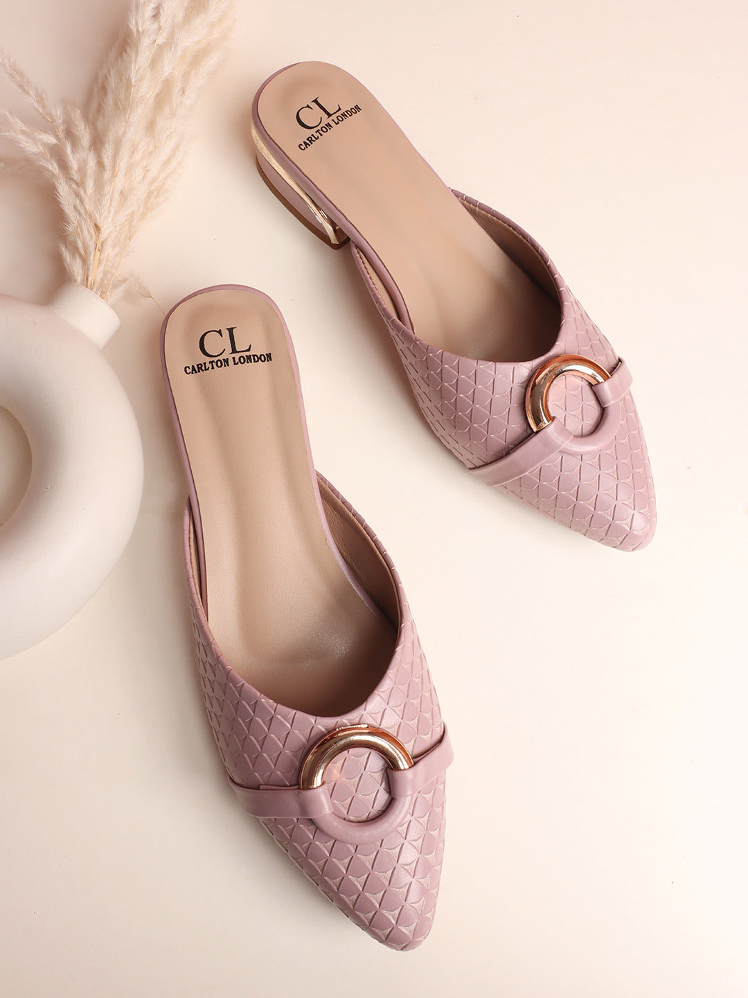Elegant Textured Mules with Gold Buckle and Block Heel