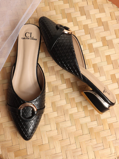 Elegant Textured Mules with Gold Buckle and Block Heel