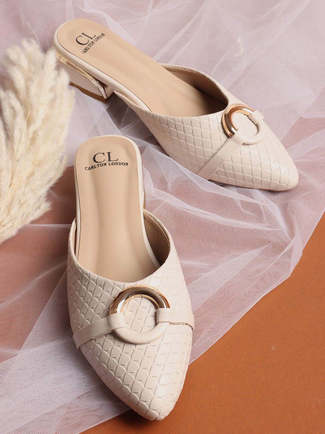 Elegant Textured Mules with Gold Buckle and Block Heel
