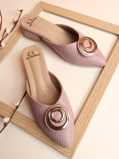Elegant Textured Mules with Unique Gold Buckle and Block Heel
