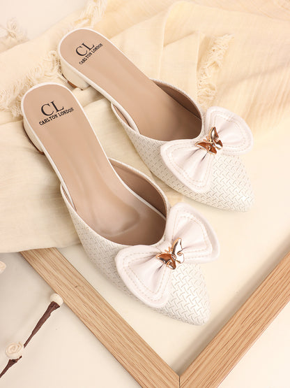 Elegant Textured Mules with Bow and Block Heel