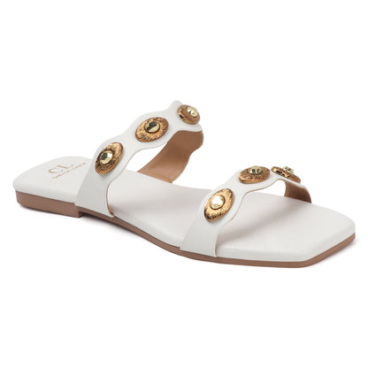 Flat Slide Sandals with Gold Medallion Embellishments