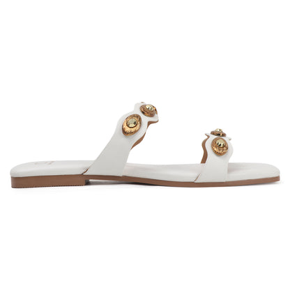 Flat Slide Sandals with Gold Medallion Embellishments