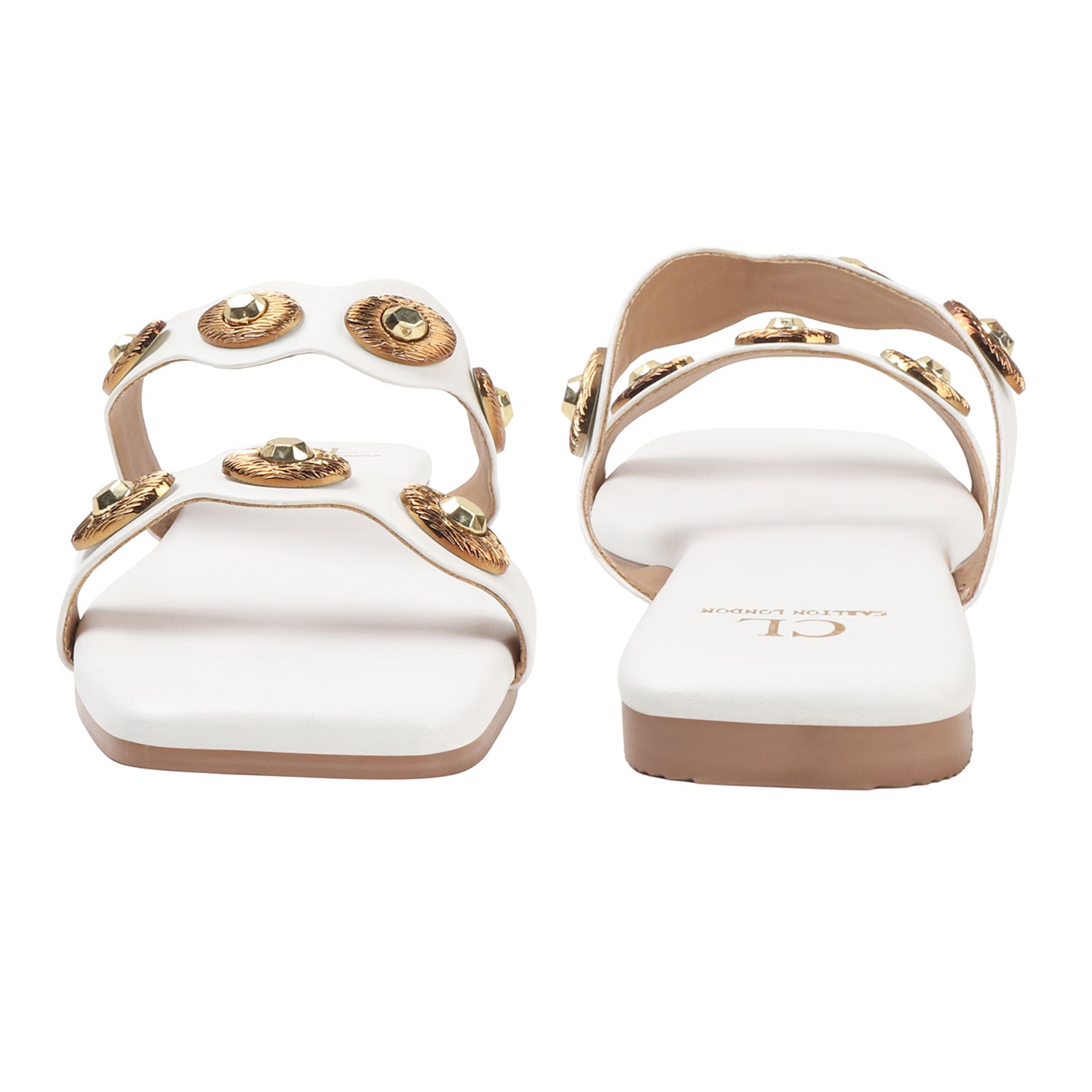 Flat Slide Sandals with Gold Medallion Embellishments