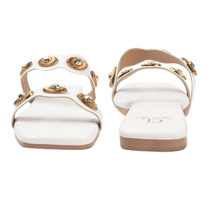 Flat Slide Sandals with Gold Medallion Embellishments