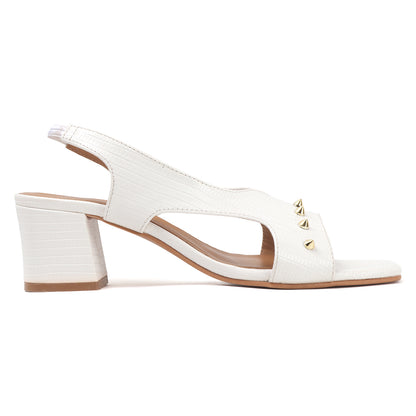 White Textured Slingback Block Heels with Gold Stud Detail