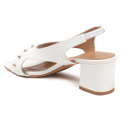 White Textured Slingback Block Heels with Gold Stud Detail