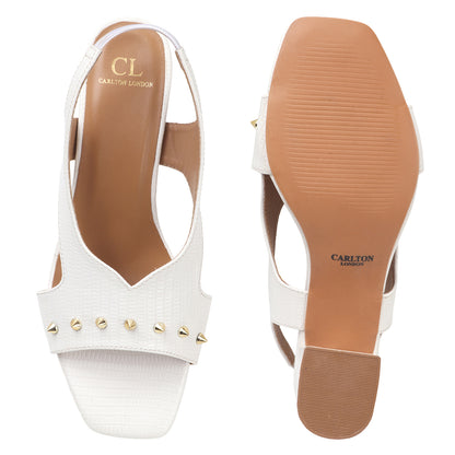 White Textured Slingback Block Heels with Gold Stud Detail