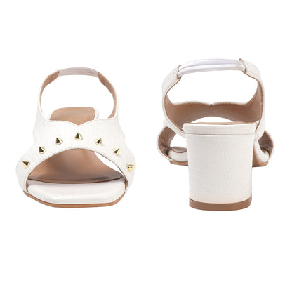 White Textured Slingback Block Heels with Gold Stud Detail