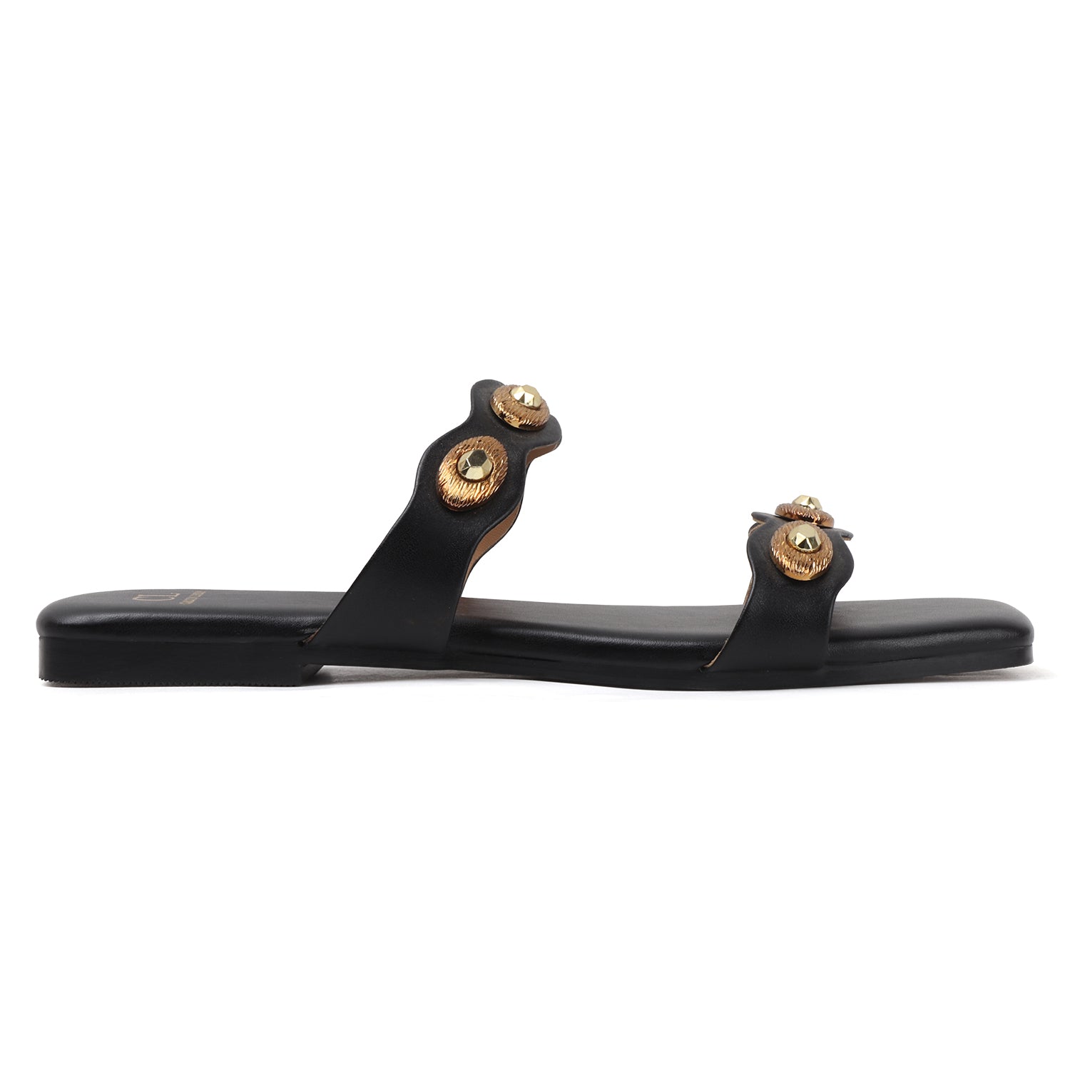 Flat Slide Sandals with Gold Medallion Embellishments