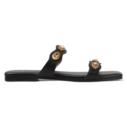 Flat Slide Sandals with Gold Medallion Embellishments