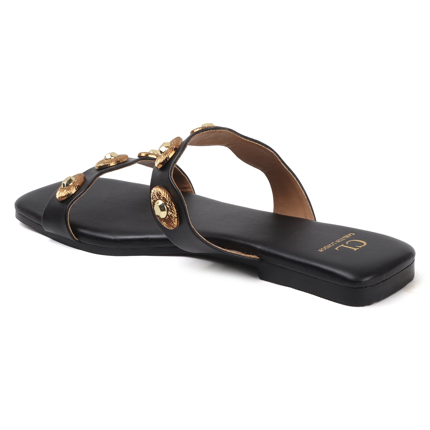 Flat Slide Sandals with Gold Medallion Embellishments