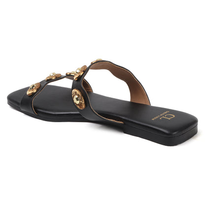Flat Slide Sandals with Gold Medallion Embellishments