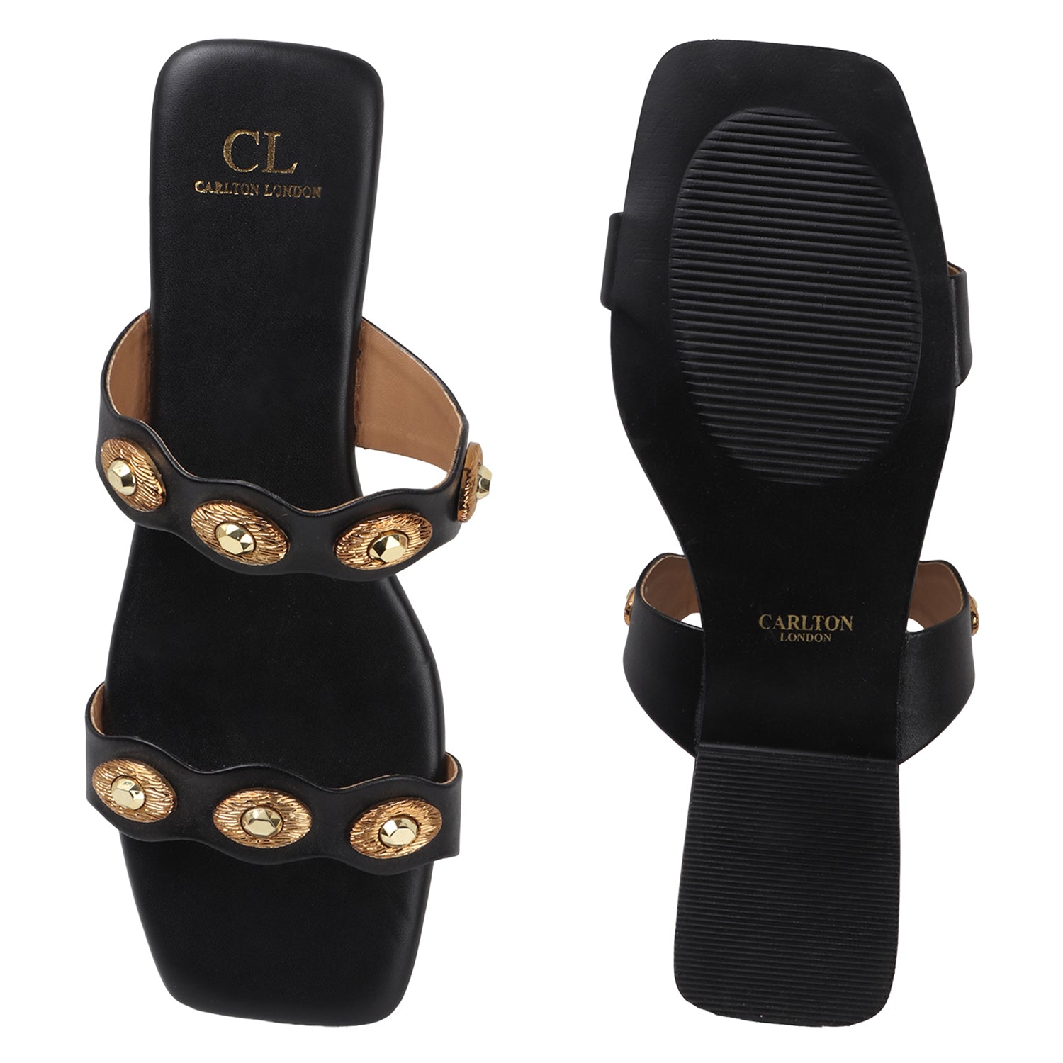 Flat Slide Sandals with Gold Medallion Embellishments