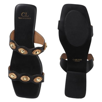 Flat Slide Sandals with Gold Medallion Embellishments
