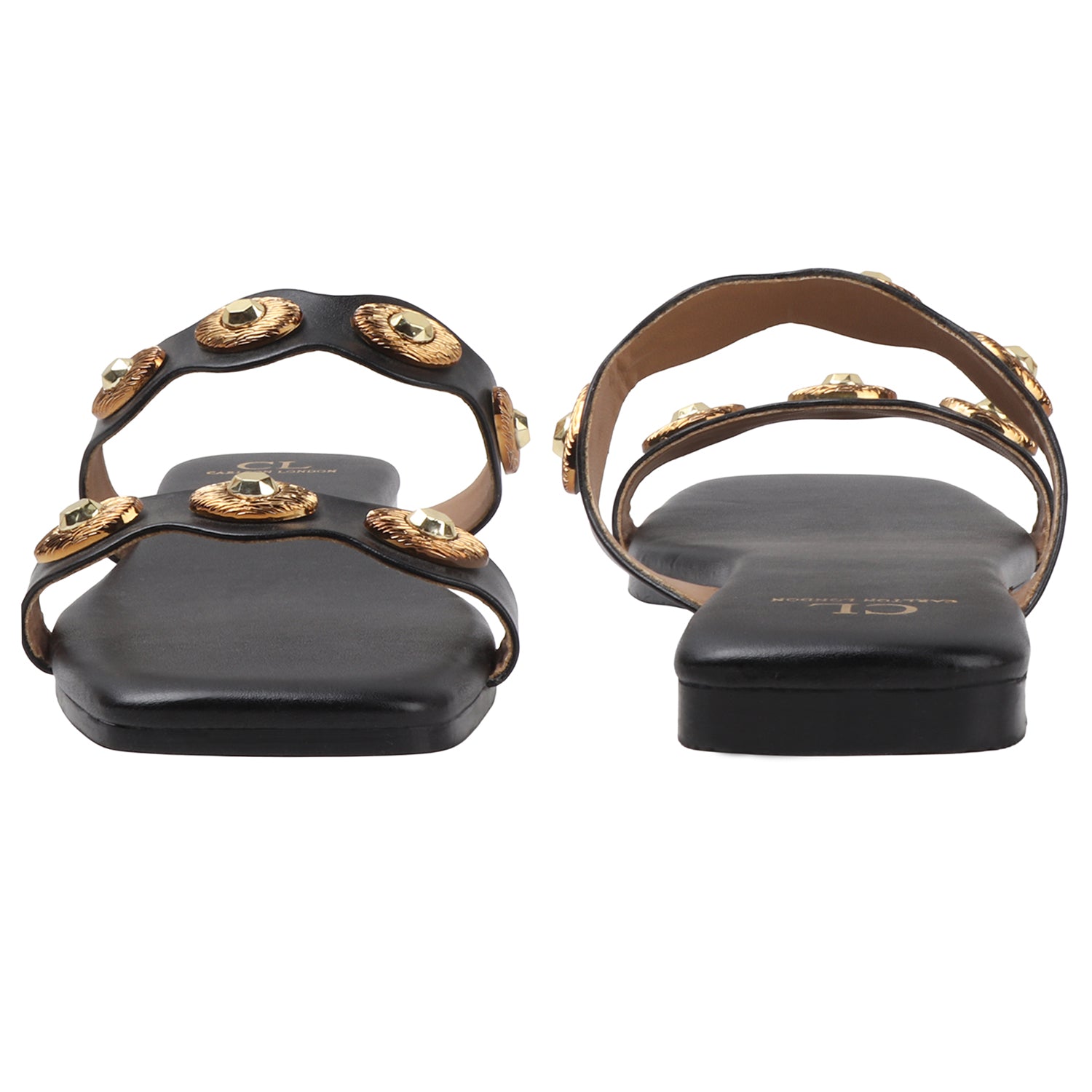 Flat Slide Sandals with Gold Medallion Embellishments