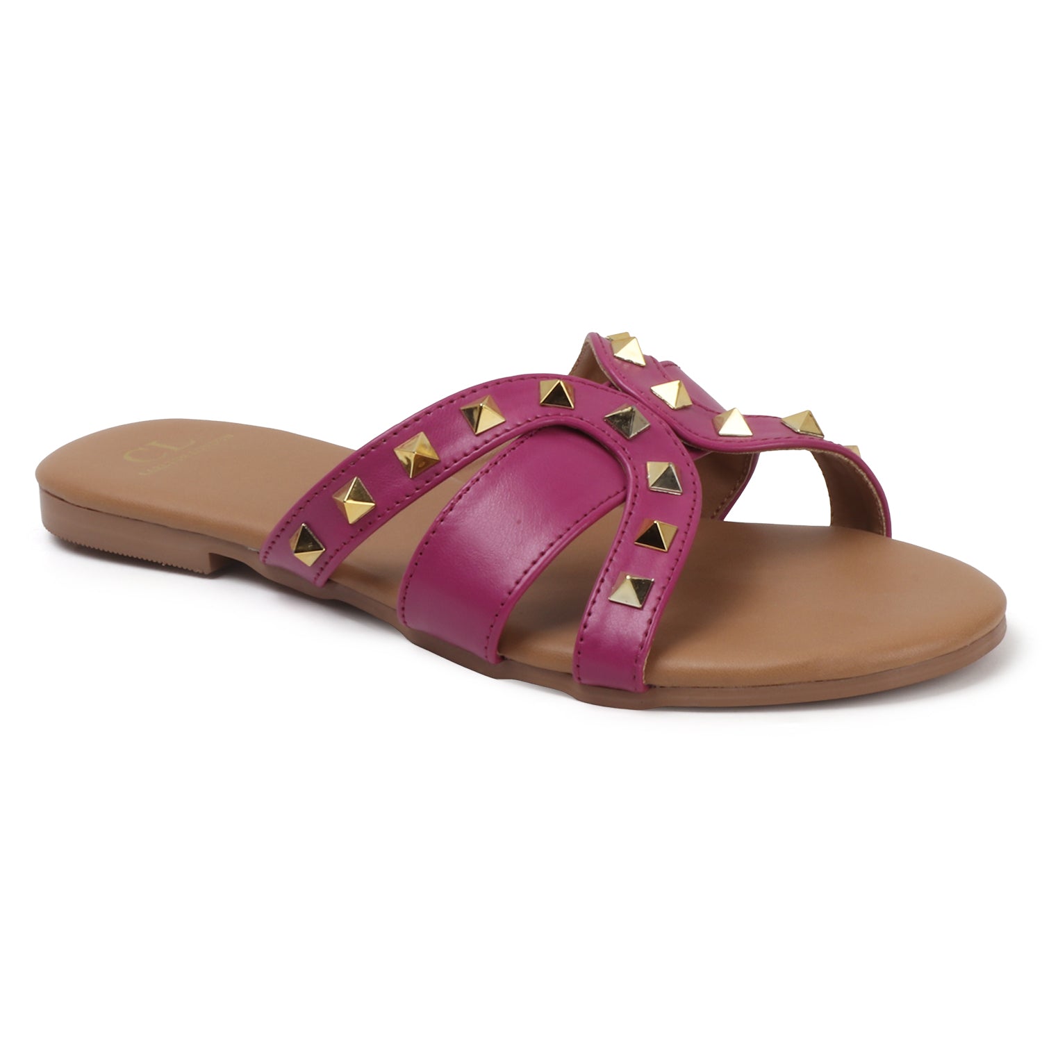 Flat Cross-Strap Women Sandal with Gold Pyramid Studs